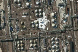 PHOTO: Aerial view of damaged oil refinery in Russia