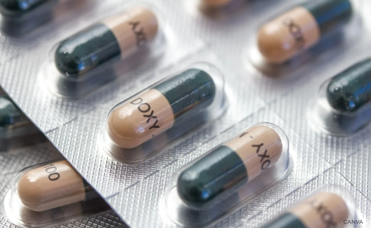 A stock image of Doxycycline capsules in silver blister packaging.