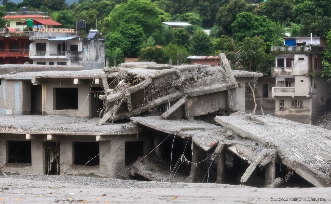 Collapsed buildings are seen in a town hit by the flash floods along the Trishuli River, amid increasing deaths and missing people, in Devighat, Nuwakot, Nepal, on August 29, 2026
