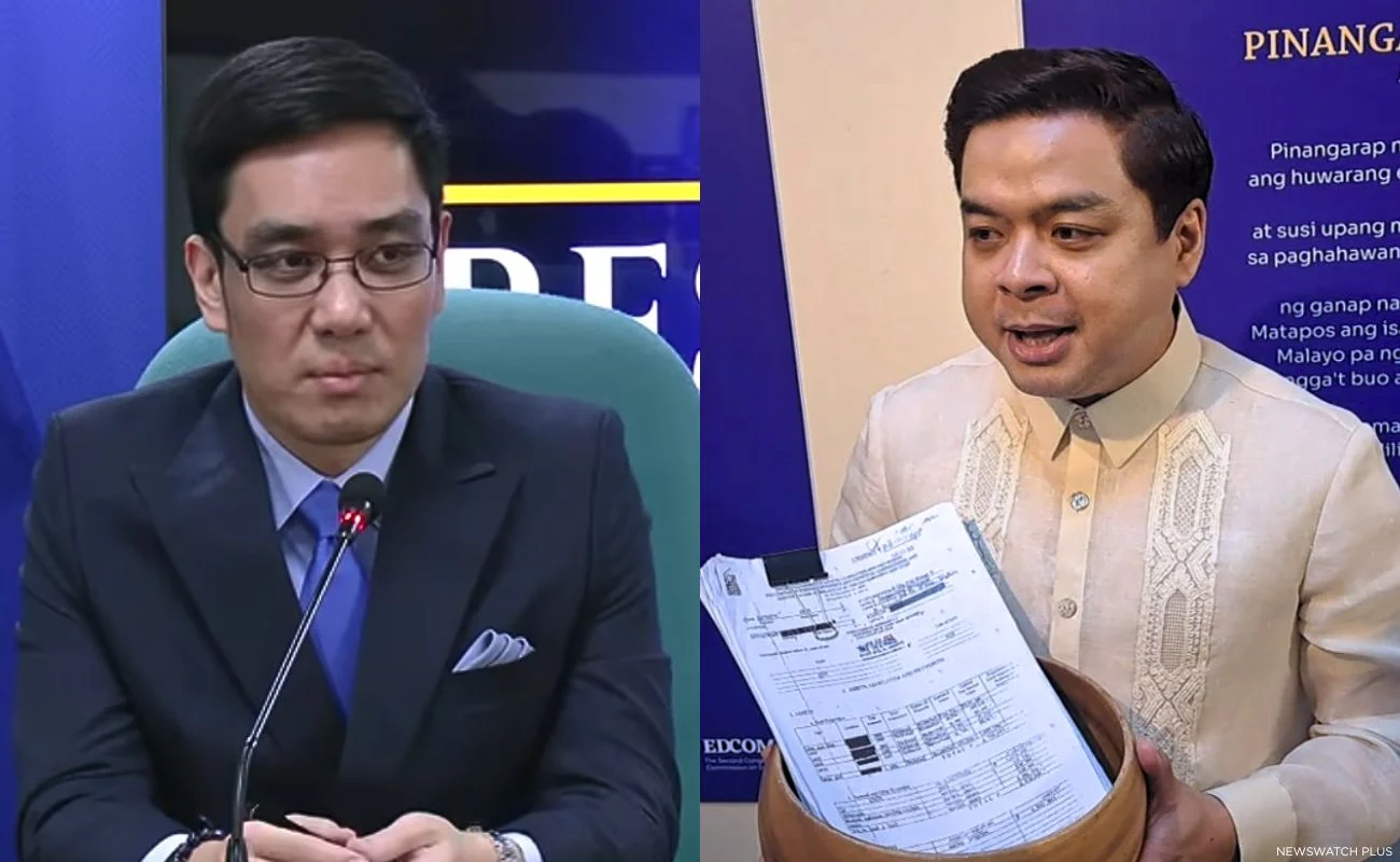 Private prosecutor Jay Tolosa speaking at a press conference on Wed., Sept. 16 (left); House prosecutor Terry Ridon holds what he calls “banga” (earthen jar) as he describes the vice president’s SALN.