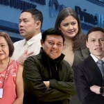 Senators Mark (upper left) and Camille Villar (upper right); former Sen. Cynthia, former Speaker Manny, and businessman Manuel Villar (bottom, left to right); PrimeWater Quezon Metropolitan Water District facade in the background. (Photos from their respective social media accounts, PrimeWater local social media account, and the VistaREIT website.)