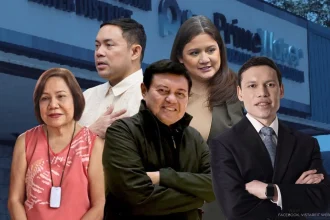 Senators Mark (upper left) and Camille Villar (upper right); former Sen. Cynthia, former Speaker Manny, and businessman Manuel Villar (bottom, left to right); PrimeWater Quezon Metropolitan Water District facade in the background. (Photos from their respective social media accounts, PrimeWater local social media account, and the VistaREIT website.)