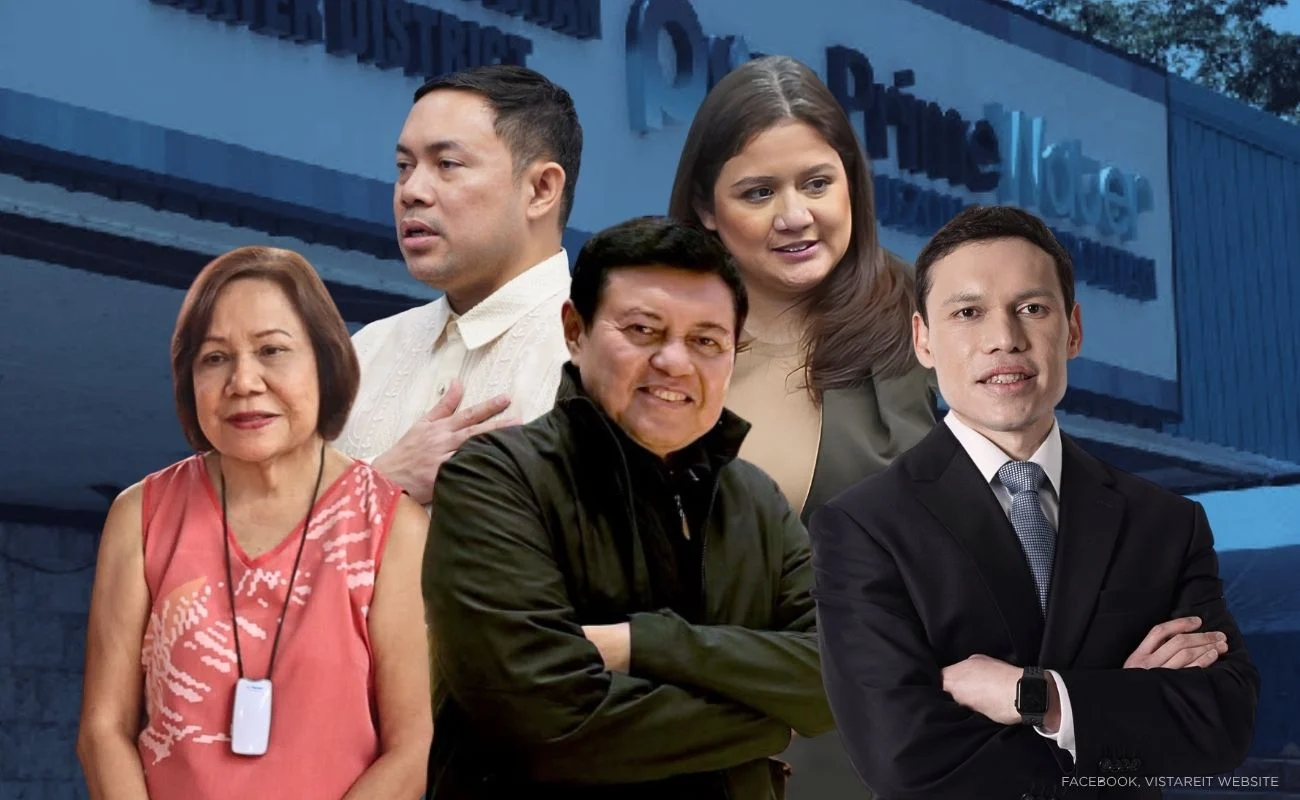 Senators Mark (upper left) and Camille Villar (upper right); former Sen. Cynthia, former Speaker Manny, and businessman Manuel Villar (bottom, left to right); PrimeWater Quezon Metropolitan Water District facade in the background. (Photos from their respective social media accounts, PrimeWater local social media account, and the VistaREIT website.)