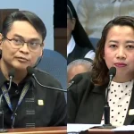 Land Registration Authority officials Marco Pineda (left) and Kathy Baldonado (right) testify in the impeachment trial of Vice President Sara Duterte on Oct. 1.