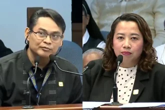Land Registration Authority officials Marco Pineda (left) and Kathy Baldonado (right) testify in the impeachment trial of Vice President Sara Duterte on Oct. 1.