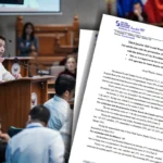 A Social Weather Stations survey result over a file photo of defense lawyer Michael Poa speaking during the impeachment trial of Vice President Sara Duterte.