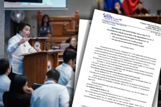 A Social Weather Stations survey result over a file photo of defense lawyer Michael Poa speaking during the impeachment trial of Vice President Sara Duterte.