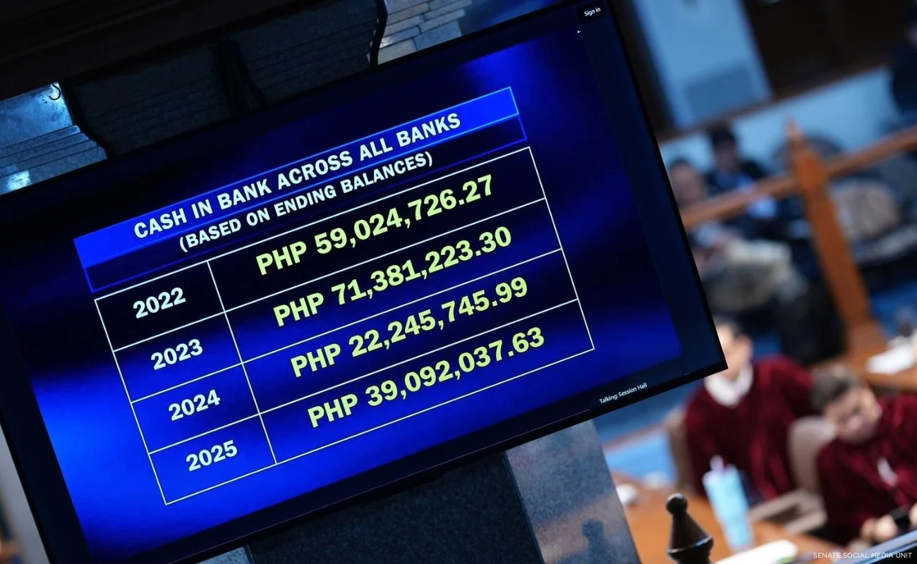 Prosecution slide showing the cash in bank of Vice President Sara Duterte and her husband, Manases Carpio, from 2022 to 2025, as it presented representatives from eight banks during the impeachment trial on Oct. 7.