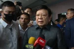 Sen. Rodante Marcoleta faces the media after appearing before the Sandiganbayan, which issued an arrest warrant against him in connection with a ₱75-million plunder case.